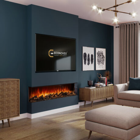 A charming and cozy media wall featuring a traditional electric fireplace with a detailed mantel, surrounded by bookshelves and cabinetry, invoking a warm and homey feel