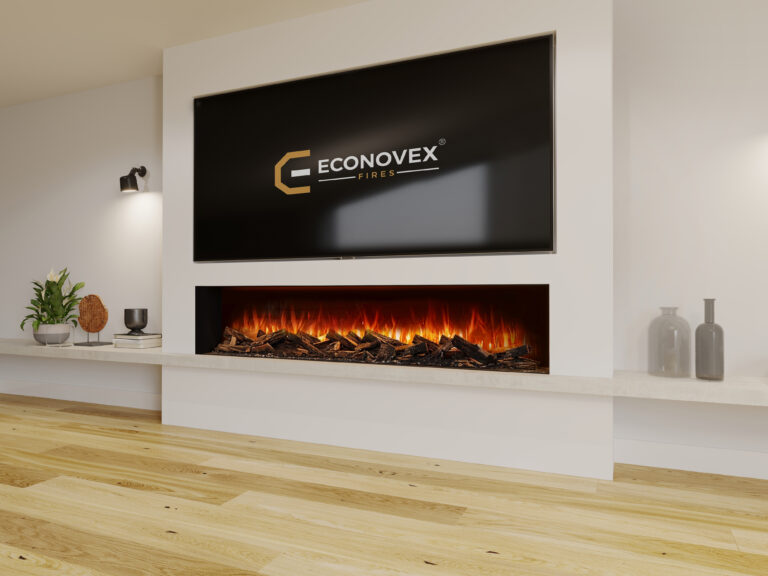 A transitional living room design featuring a classic electric fireplace with a white mantel, integrated into a built-in media wall with mixed open and closed storage solutions