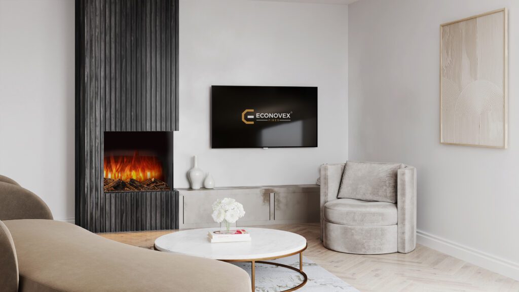 A bold and dramatic media wall with a large electric fireplace, set against a backdrop of dark matte panels and illuminated by strategic lighting, making a strong visual statement