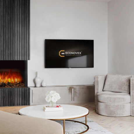 A bold and dramatic media wall with a large electric fireplace, set against a backdrop of dark matte panels and illuminated by strategic lighting, making a strong visual statement
