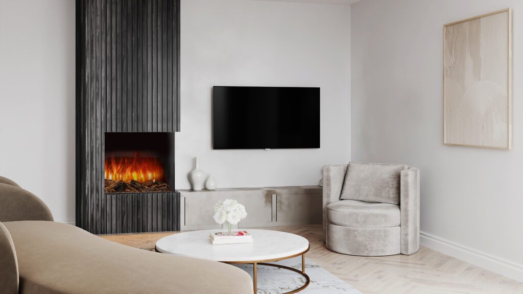 A stylish electric wood burner in a contemporary home, mimicking the warmth and ambiance of a real wood stove with no need for logs or cleanup.