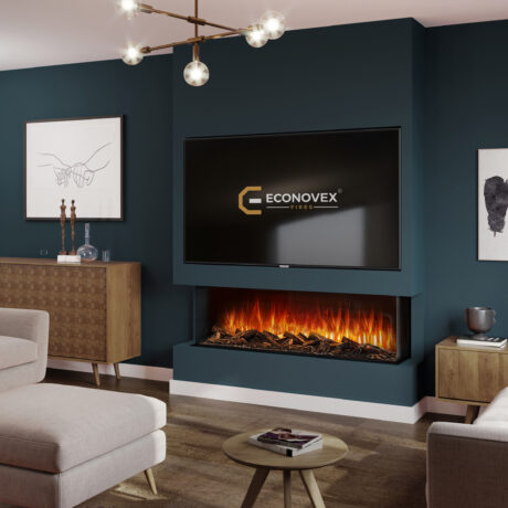 A futuristic media wall with a frameless electric fireplace, surrounded by high-gloss panels and hidden LED lights, creating a sleek and high-tech focal point.