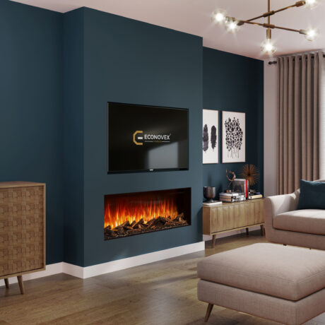 A transitional living room design featuring a classic electric fireplace with a white mantel, integrated into a built-in media wall with mixed open and closed storage solutions.