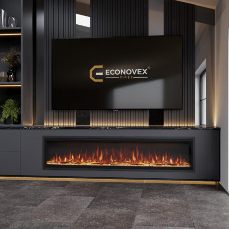A contemporary electric fireplace with a clean, minimalist design, offering a striking visual element while providing efficient heat.